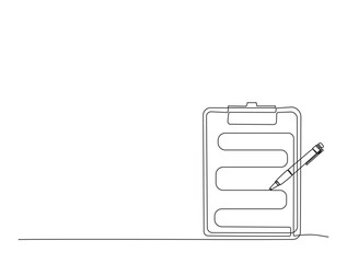 Continuous one line drawing of checklist clipboard with pen. Form on clipboard simple line illustration.