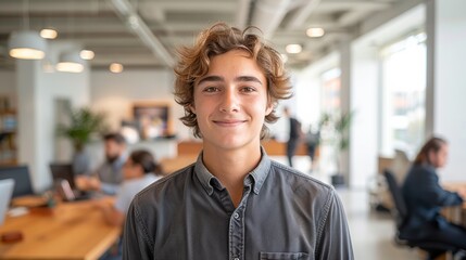 Obraz premium Young Man Smiling Confidently in Modern Office Environment With Colleagues Engaged in Work