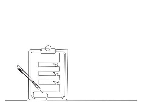 recommend clip art: Continuous one line drawing of checklist clipboard with pen. Form on clipboard simple line illustration.