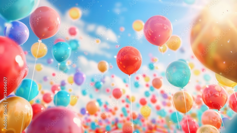 Poster bright balloons float joyfully in the sky during a lively festival, creating a festive atmosphere fi