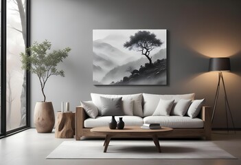 A black and white landscape painting of a lone tree in a misty, mountainous environment