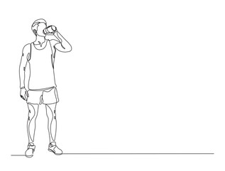 Continuous one line drawing of man drinking water from the bottle. Drinking water simple line illustration. Healthy lifestyle concept.