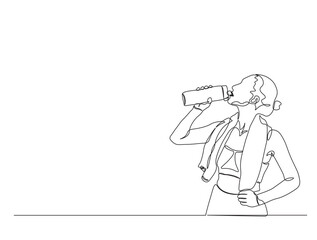 Continuous one line drawing of woman drinking water from the bottle. Drinking water simple line illustration. Healthy lifestyle concept.