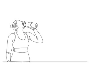 Continuous one line drawing of woman drinking water from the bottle. Drinking water simple line illustration. Healthy lifestyle concept.