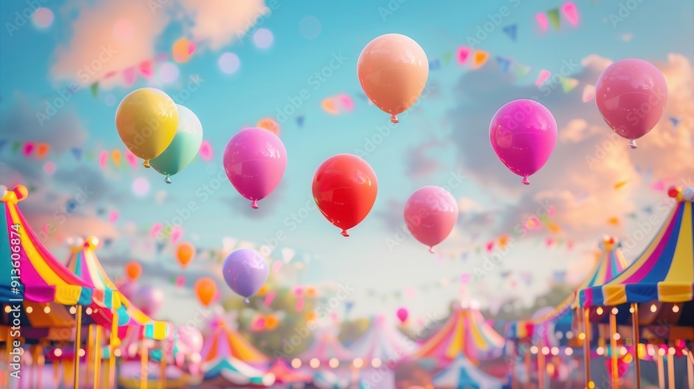 Poster colorful balloons drift above tents at a lively city festival, creating a joyful atmosphere as eveni