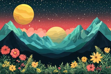 Mountain Sunset with Double Moons and Flowers