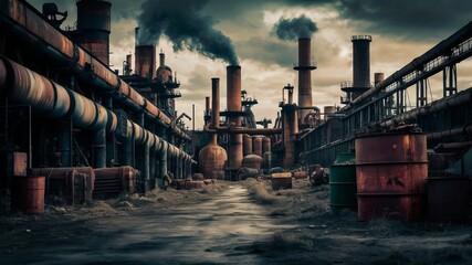 Industrial wasteland with rusty machinery and toxic waste, highlighting industrial pollution.