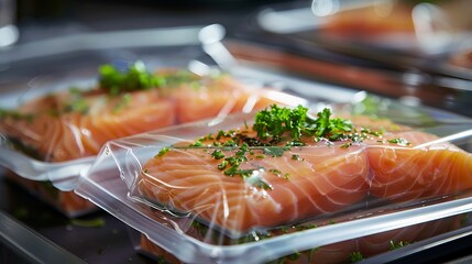 Sous vide salmon fillets in vacuum sealed packaging. Innovative cooking method with focus on presentation 