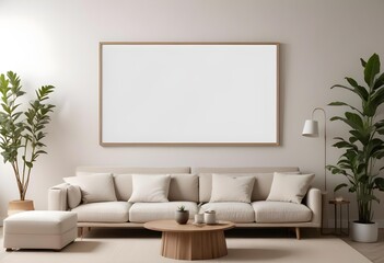 A modern living room with a large white framed wall art above a beige sectional sofa, wooden coffee table