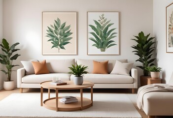 Fototapeta premium A modern living room with a large white framed wall art above a beige sectional sofa, wooden coffee table