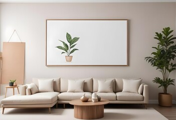 Fototapeta premium A modern living room with a large white framed wall art above a beige sectional sofa, wooden coffee table