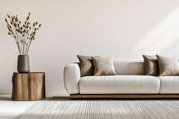 Japandi luxurious room interiors in neutral colors with minimal furniture and wall panels. Oriental inspired Real Estate interior design composition.