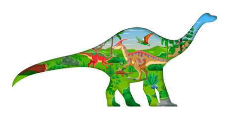 Prehistoric dinosaur paper cut silhouette. Cartoon 3d vector papercut frame in shape of cartoon sauropod dino, filled with ancient reptile animal species at green Mesozoic or Jurassic era landscape