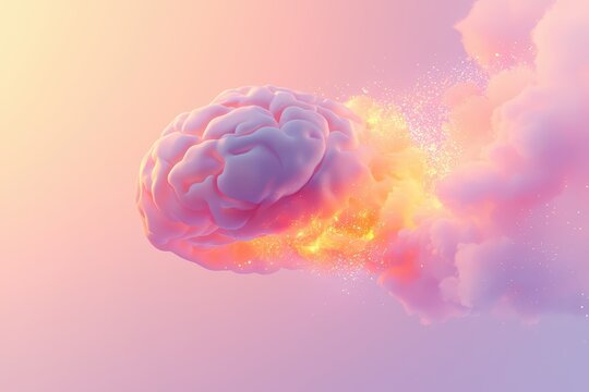 A vibrant, surreal image of a cloud-shaped brain exploding with colorful particles, symbolizing creativity and imagination.
