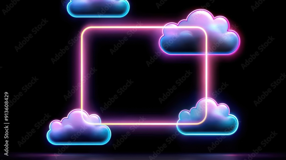 Poster a vibrant neon cloud design featuring colorful clouds and glowing rectangular shapes on a dark backg