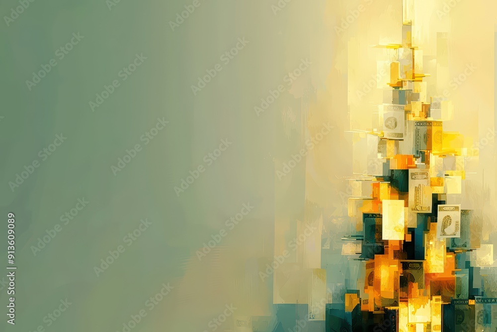 Poster an abstract art piece featuring vibrant colors and geometric shapes, creating a sense of depth and e