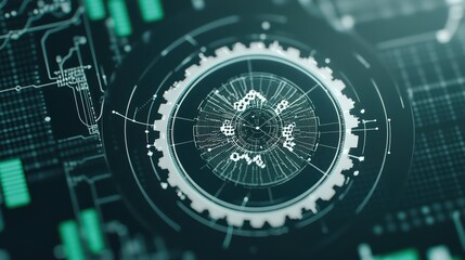 Obraz premium Abstract technology design featuring a digital gear with intricate patterns, ideal for representing innovation and engineering.