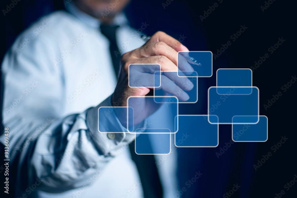 Poster businessman hand pushing button on a touch screen interface. technology process system business with