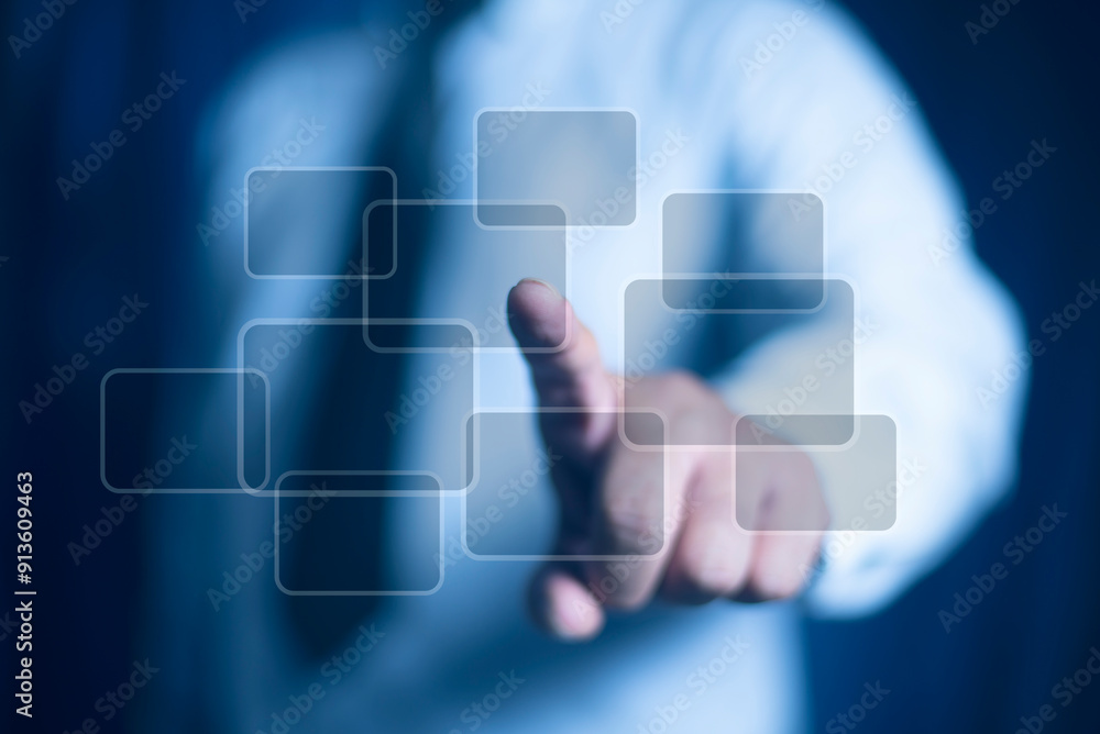 Poster businessman hand pushing button on a touch screen interface. technology process system business with
