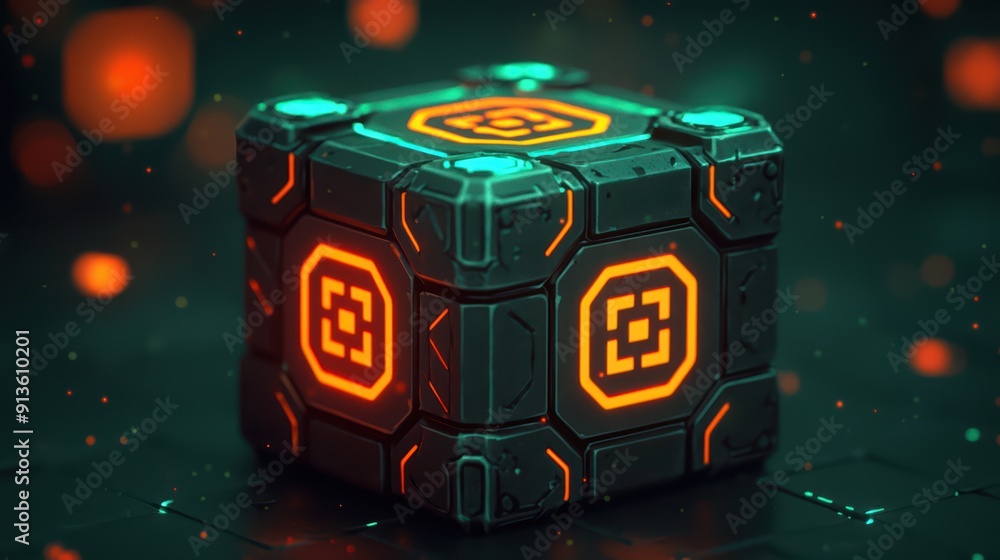 Poster futuristic glowing cube with intricate patterns, perfect for sci-fi designs and digital art themes.