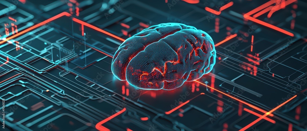 Poster futuristic brain design over a digital circuit background, representing ai, technology, and advanced