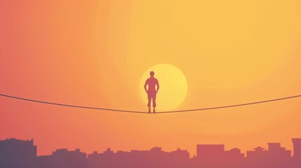Fototapeta premium Silhouette of a person balancing on a tightrope at sunset with a city skyline in the background.