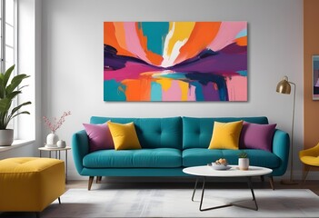 Digital painting, A vibrant abstract painting with bold brushstrokes in shades of orange, pink, purple, and blue, creating a dynamic and visually striking composition. The painting is displayed on the