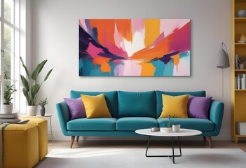 Digital painting, A vibrant abstract painting with bold brushstrokes in shades of orange, pink, purple, and blue, creating a dynamic and visually striking composition. The painting is displayed on the