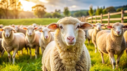 Obraz premium Sheep in a Field at Sunset.