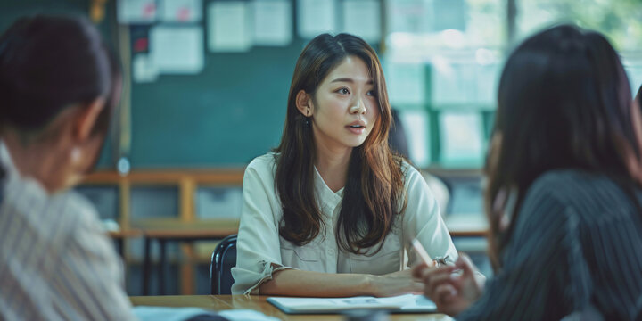 A young woman leads a discussion with a group of students in a classroom setting.