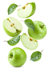 flying green apples with half of apple and green leaves isolated on white background. clipping path