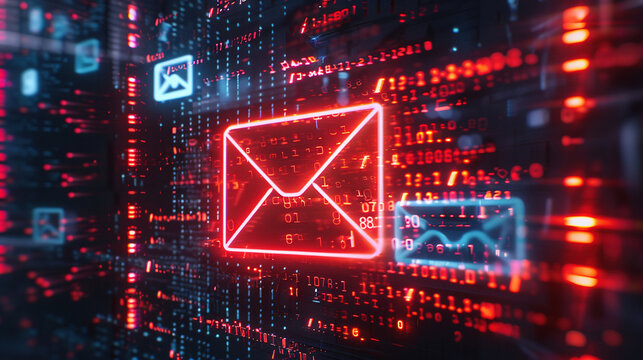 Email and binary code data, technology background.