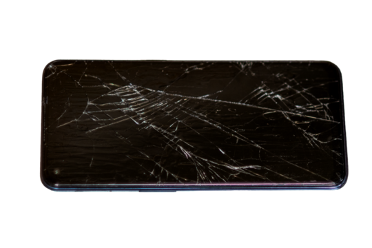 Close-up of a broken cell phone screen with visible cracks and shattered glass. Ideal for illustrating smartphone damage, repair topics, or technology issues. The background is softly blurred to empha