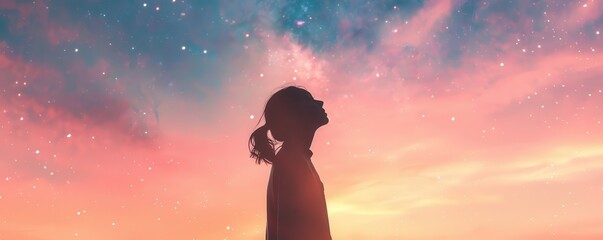 Silhouette of a woman looking at a colorful, starry sky during sunset, capturing a moment of reflection and wonder in nature.