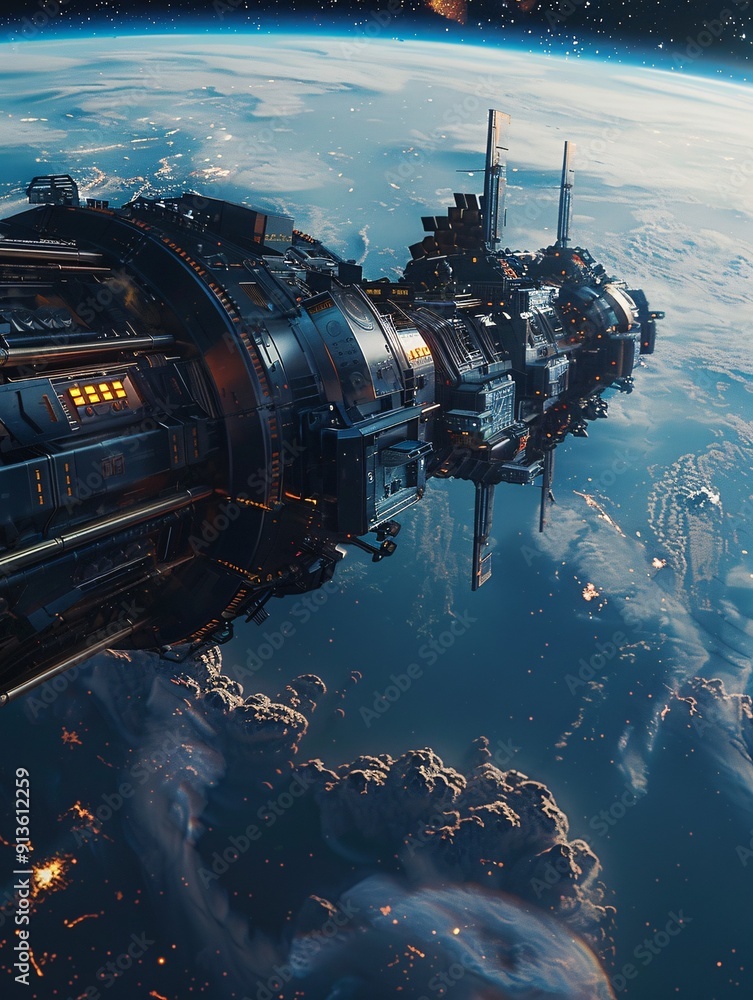 Poster imagery of orbiting space station around earth in 3d with superior digital space graphics in good qu