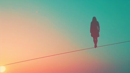 Silhouette of a woman walking on a tightrope against a gradient sunset sky, symbolizing balance, risk, and determination.