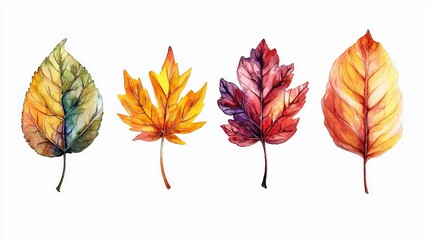 Watercolor Illustration of Various Colorful Autumn Leaves