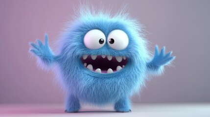 Fototapeta premium Cute blue furry monster 3D cartoon character