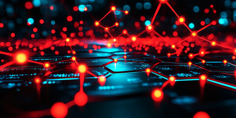 Abstract lines and dots, hexagons connect dark background. Technology connection digital data and big data concept