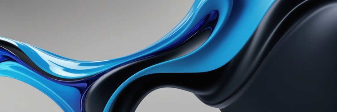 Abstract illustration featuring dynamic blue and black liquid waves on a smooth gradient background, conveying fluidity and modernity.