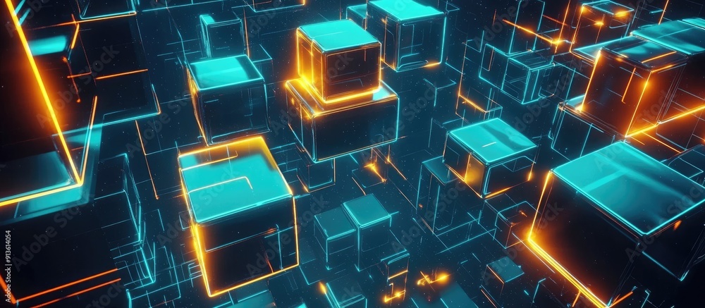Poster futuristic 3d cube technology with glowing hud elements abstract hi tech design with bright energy e