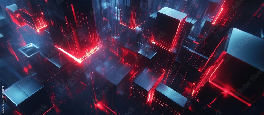 Poster futuristic 3d cube technology with glowing hud elements abstract hi tech design with bright energy e