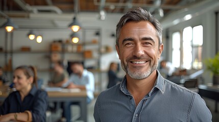 Obraz premium Cheerful Businessman Smiling in Modern Office During Productive Workday With Colleagues Engaged in Discussions