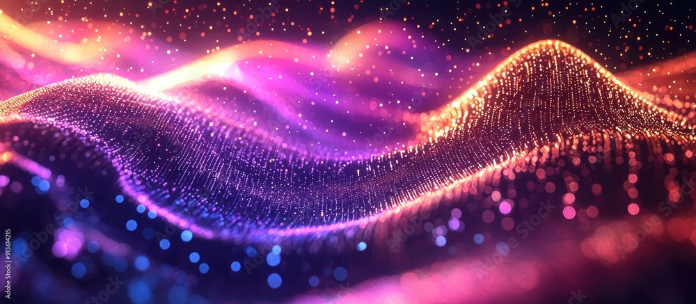 Aufkleber Dynamic wave of particles with abstract gradient hologram Background of digital technology and music