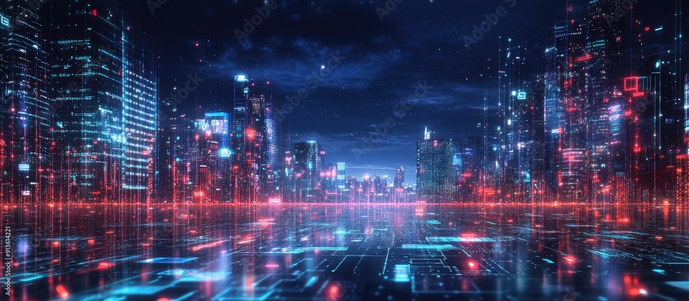 Poster illuminated urban landscape at night featuring vibrant virtual data structures including graphs and 