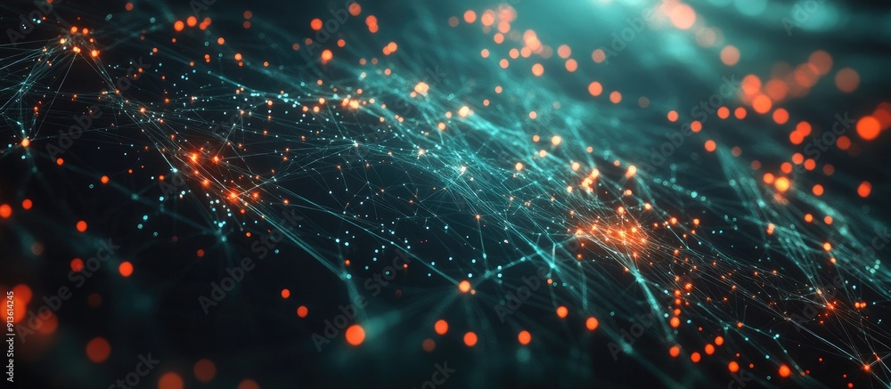 Poster digital illustration of interconnected networks and financial data processing on a dark backdrop con