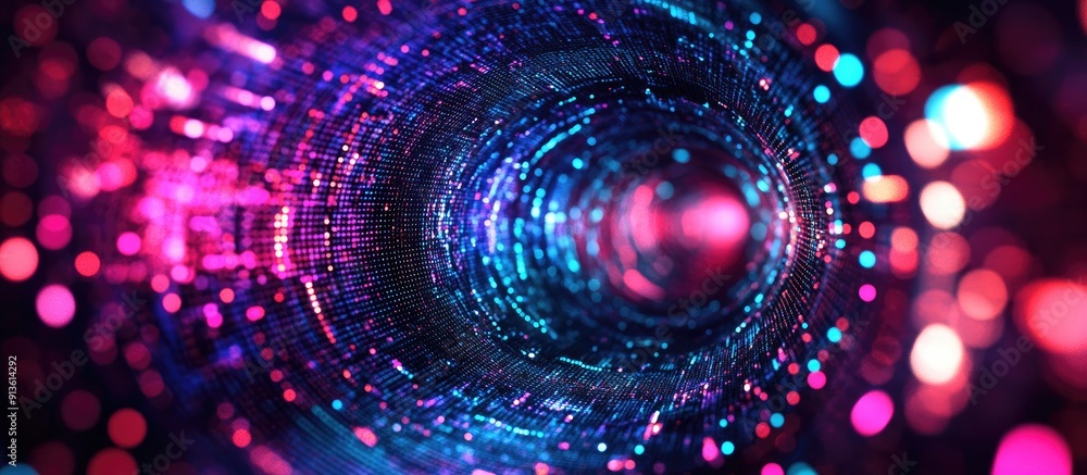 Poster journey through an abstract circular digital tunnel of dotted technology