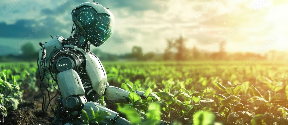 Poster futuristic agricultural technology featuring 3d rendering robot and digital interface