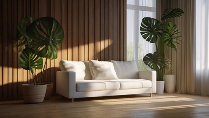 Modern living room in white and wooden theme with the inspiration of monstera leaves and sun shine 	