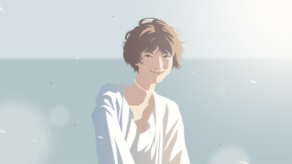Minimal vector illustration of a beautiful Asian woman with short hair in a white dress is smiling happily at the beach with the sea horizon in the background